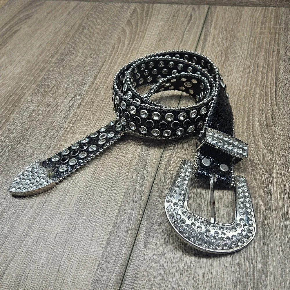 Black Rhinestone Western Belt Silver Studded Glitter Strap Crystal Buckle Sz 32